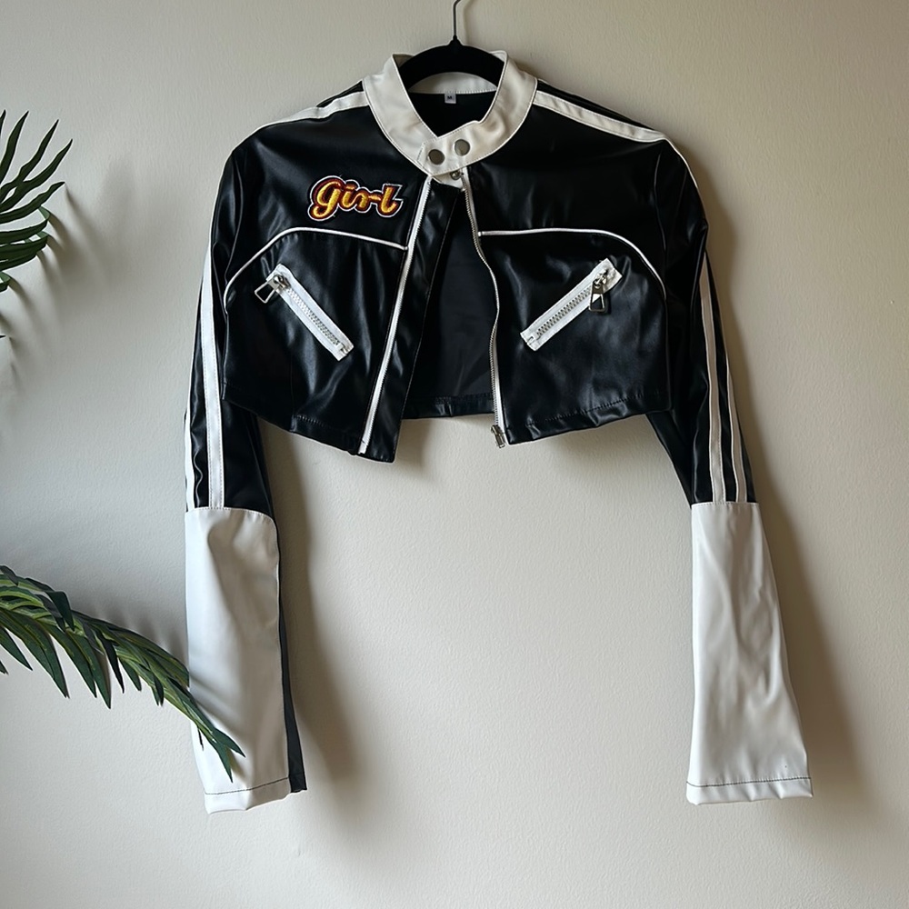 Black and white crop Moto jacket
